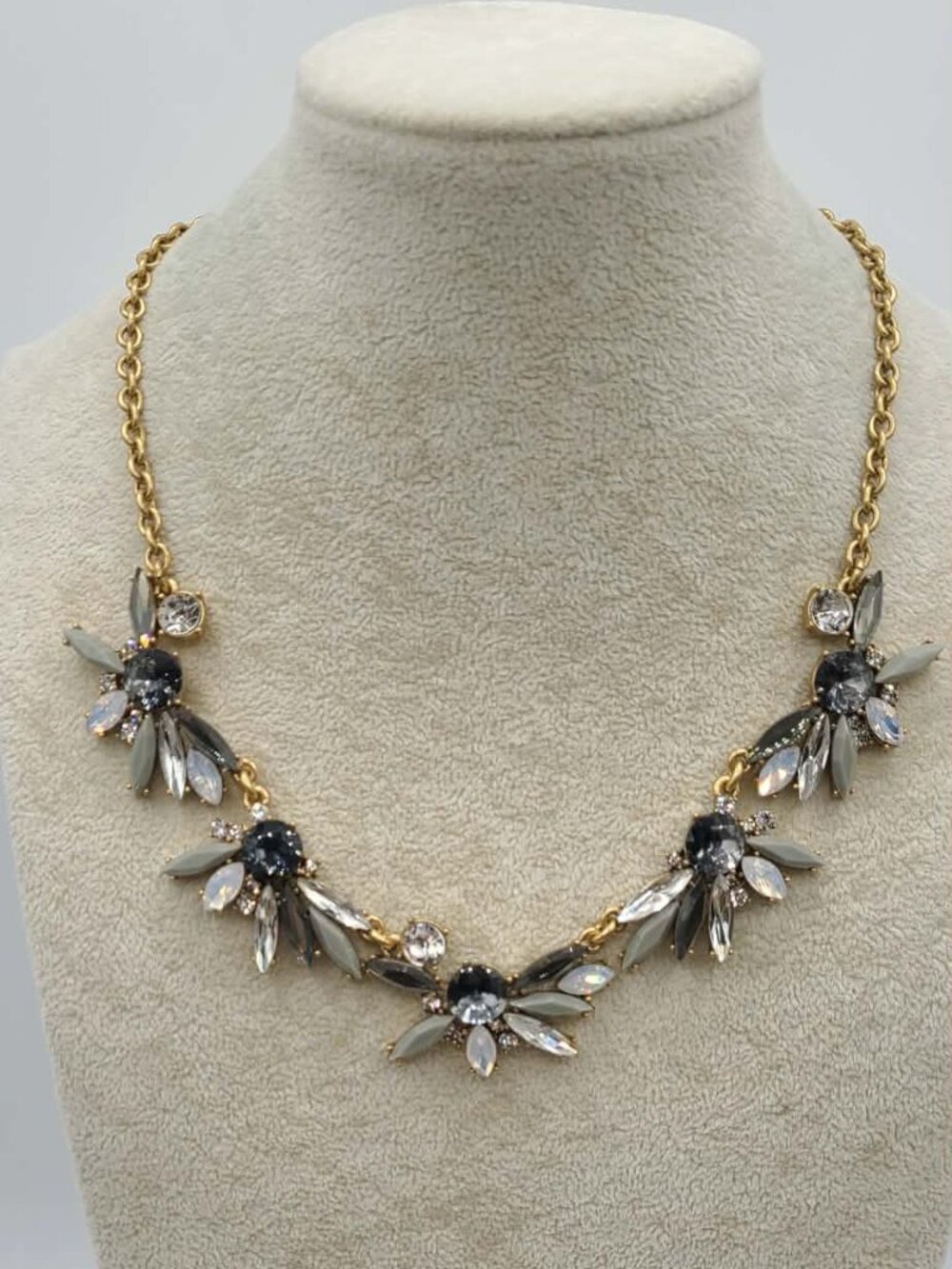 J Crew Gold Tone Gray Clear Crystal Floral Necklace